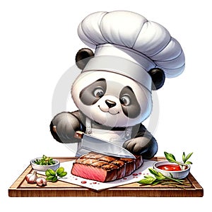 cute panda chef slicing a beef steak watercolor Clipart AI Generate