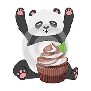 Cute panda with chocolate cupcake