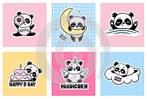 Cute Panda Colorful Cards. Unicorn, Happy Birthday Cake, Sleeping on the Moon and Cloud Animals