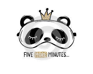 Cute panda with crown sleep mask. Pajama party card. Golden glitter design.