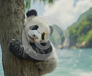 A cute panda cub sleeping on a tree