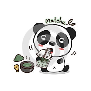 Cute panda drinking macha green tea.