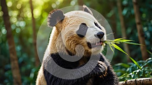 Cute Panda Eating Bamboo in Forest Among Greenery