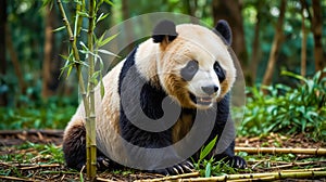 Cute Panda Eating Bamboo in Forest Among Greenery