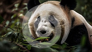 Cute panda eating bamboo in tropical forest generated by AI