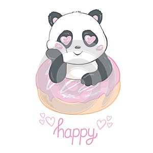 Cute panda eating donut flat vector illustration. Asian rainforest bear with tasty pastry isolated design element
