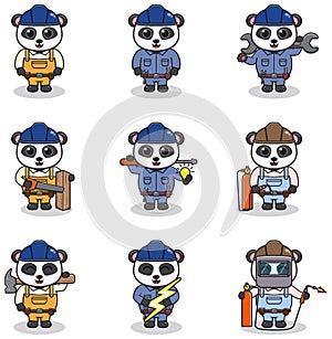 Cute Panda engineers workers, builders characters isolated cartoon illustration