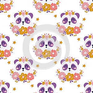 Cute panda face with flowers on white background, vector seamless pattern in flat hand drawn style