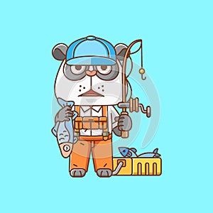 Cute panda fisher fishing animal chibi character mascot icon flat line art style illustration concept cartoon