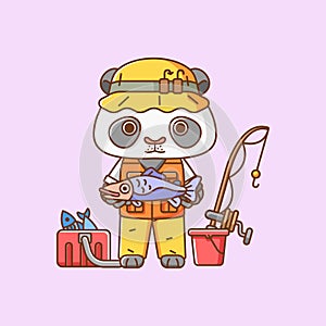 Cute panda fisher fishing animal chibi character mascot icon flat line art style illustration concept cartoon