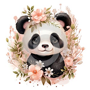 Cute panda with floral wreath. Watercolor cartoon illustration