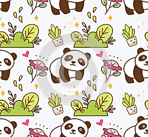 Cute panda with flower seamless background