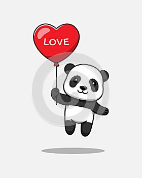 Cute panda flying with love balloon