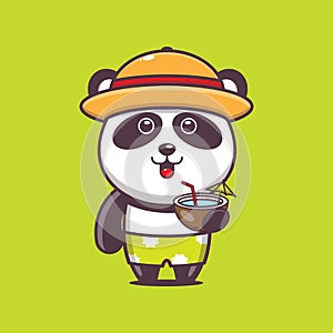 Cute panda with fresh coconut in summer time