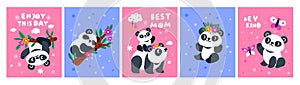 Cute panda. Funny exotic animals. Chinese bears. Cartoon comic mascots with tropical flower wreath and eucalyptus branch