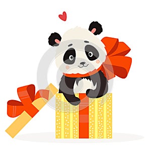 Cute panda in gift box with big red bow. Vector illustration. Cute animal for greeting cards, childrens collection