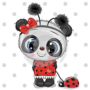 Cute Panda girl in a ladybug costume and ladybug