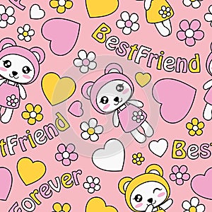 Cute panda girls, love and flowers on pink background vector cartoon pattern