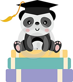 Cute panda with graduation cap sitting on top of books