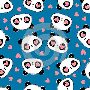 Cute panda and heart Pattern seamless. Fabric Design. Vector illustration.