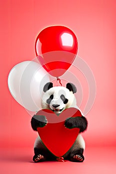 A cute panda holding a heart-shaped balloon, heart shaped balloons in the background. An adorable panda surrounded