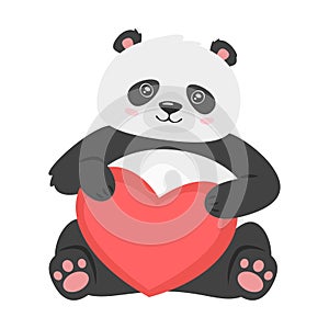 Cute panda holding red heart