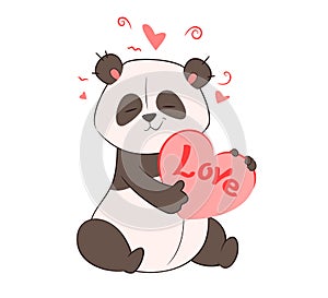 A cute panda holds in its paws a big heart with the inscription Love. Valentine's Day. Vector illustration, doodle