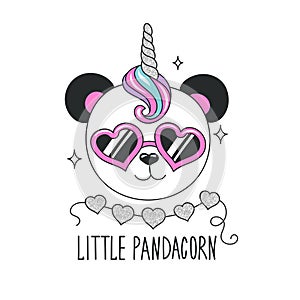 Cute panda illustration. Little Pandacorn text. Design for kids. Fashion illustration drawing in modern style for clothes. Girlish
