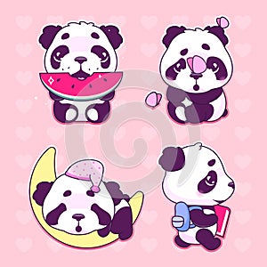 Cute panda kawaii cartoon vector characters set