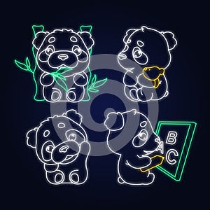 Cute panda kawaii neon light characters pack