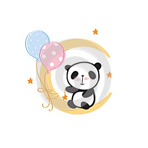 Cute panda on the moon with balloons.