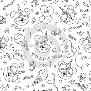 Cute panda pattern on a white background. Black and white outline seamless pattern. Drawing for kids clothes, t-shirts, fabrics or
