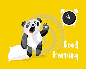 Cute panda with pillow wakes up. Good morning card with alarm clock and bear. Vector illustration