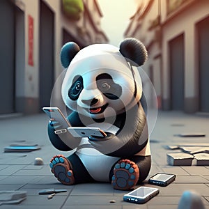 cute panda play with a smartphone, character - generated by ai