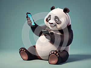 cute panda play with a smartphone, character - generated by ai