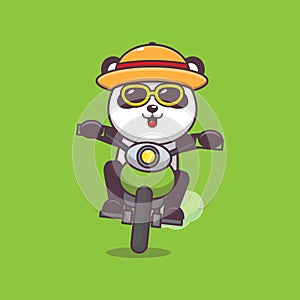 Cute panda riding a motorcycle in summer time