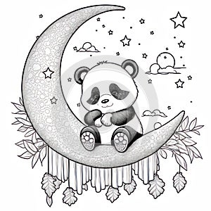 cute panda sitting on a half moon children coloring book image generative AI