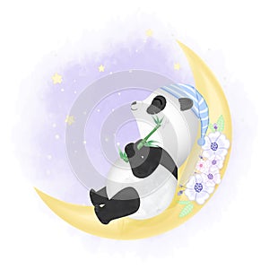 Cute panda sleeping on the crescent moon hand drawn cartoon watercolor illustration