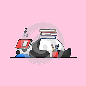 Cute panda sleeping after tired studying multiple book for school animal mascot cartoon vector illustration