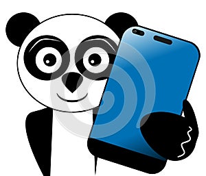 Cute Panda with smartphone, cell phone, cartoon, isolated.