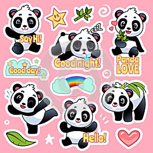 Cute panda stickers. Happy bears expression for emoji patches design, cool asian animals badges for kids vector pandas photo