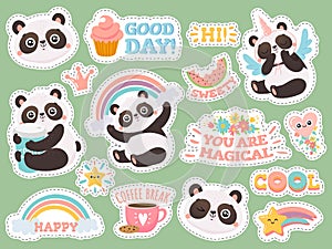Cute panda stickers. Happy pandas patches, cool animals and winked panda sticker vector illustration set