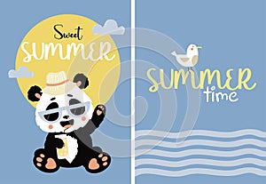 Cute panda in sunglasses with cocktail and seagull. Set of summer cards sweet summer and summer time. Vector