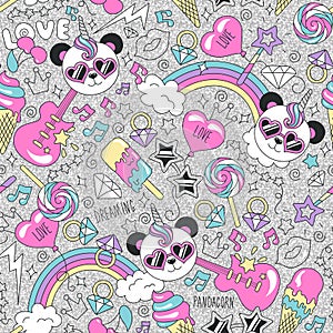 Cute panda unicorn pattern on a glitte background. Colorful trendy seamless pattern. Fashion illustration drawing in modern style