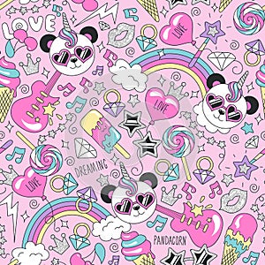 Cute panda unicorn pattern on a pink background. Colorful trendy seamless pattern. Fashion illustration drawing in modern style