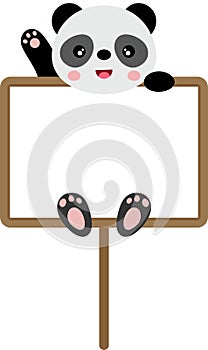 Cute panda waving hanging a blank signboard