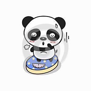 Cute  panda weighed on the scales. Cute cartoon character
