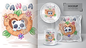 Cute panda in wood heart - poster and merchandising.