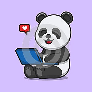 Cute panda working on laptop cartoon vector icon illustration