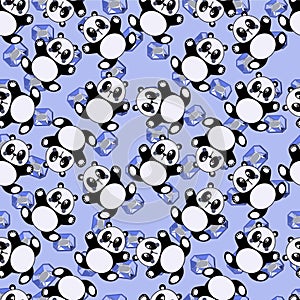 Cute Pandas And Blue Cristal Art Kids Pattern Seamless